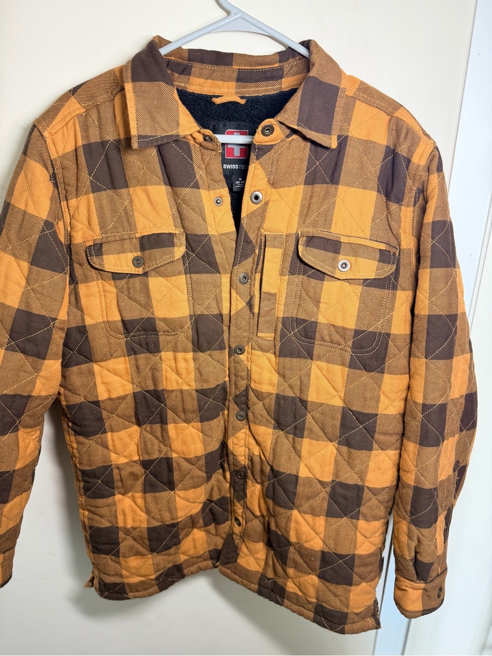 Swiss Tech Sherpa Lined Quilted Flannel Shacket Men’s M Brown Mustard Plaid